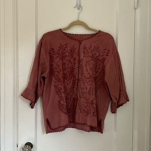 Embroidered Floral Linen Blouse in Raspberry